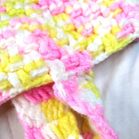 Hand Crochet Bag Pink Yellow White Vintage Double Strap Grandmacore Handbag 14" - Picture 12 of 16